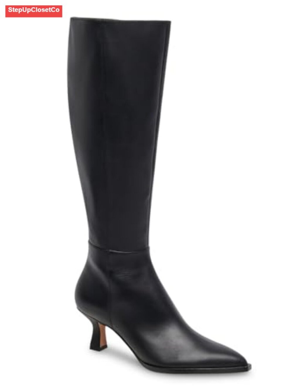 Kitten Low Heel Knee High Boots Pointed Toe PU Leather Tall Dress Shoes
